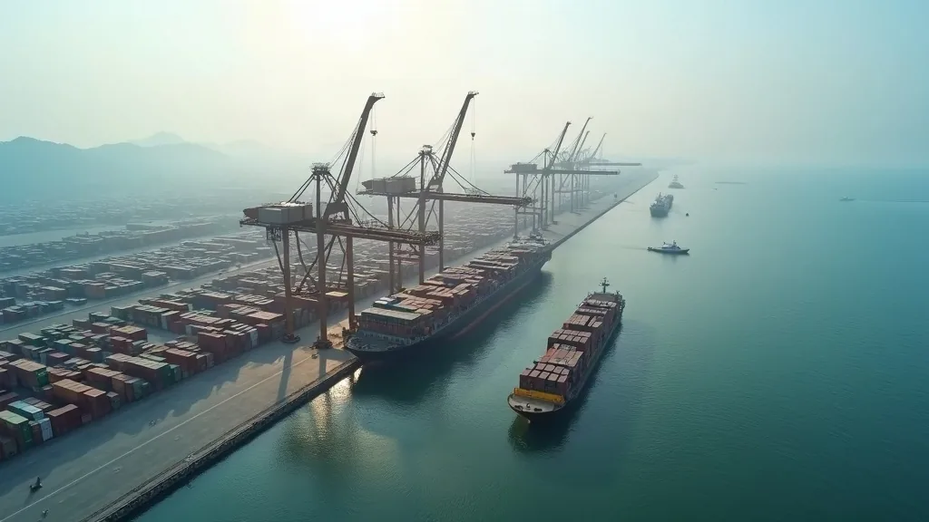 Terminal peti kemas dengan crane dermaga melayani kapal kontainer di koridor Indonesia Timur